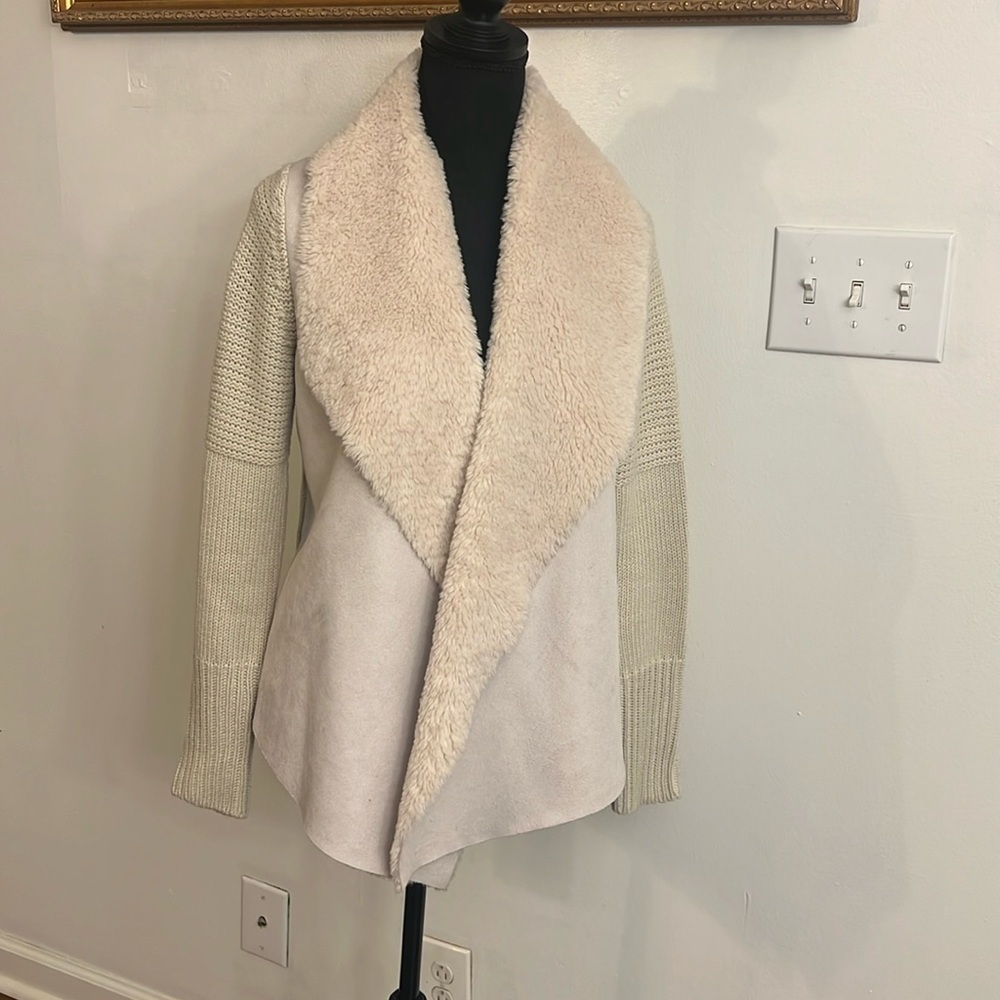 Chelsea & Theodore Faux Suede, Faux Suede Open Front Sweater Cardigan, Sz. S.